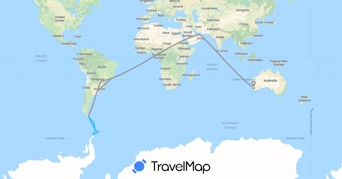 TravelMap itinerary: driving, plane, boat in United Arab Emirates, Argentina, Australia, Brazil (Asia, Oceania, South America)